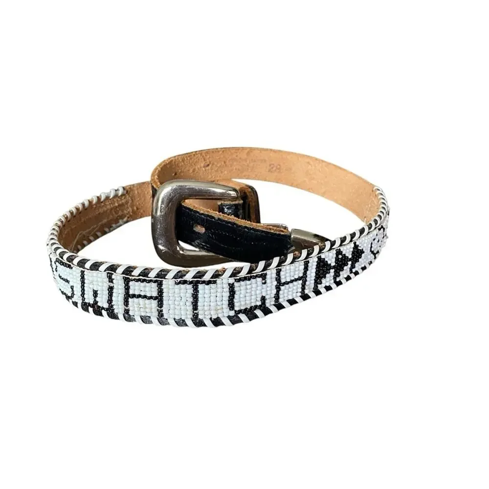 Vintage Western Beaded Swatch Belt size 28 Black White Leather